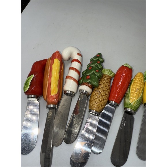 Vtg Cheese Jam Dip Spreaders Ceramic Fruits Vegetables Christmas Lot of 13 - Picture 2 of 3
